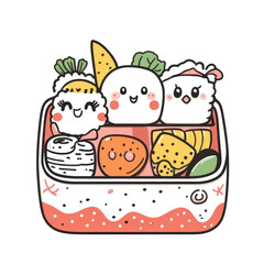 Cute Cartoon Sushi and Dumplings in a Colorful Bento Box Arrangement