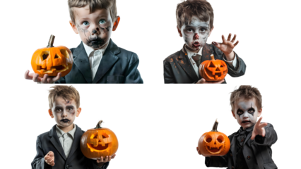 A little boy dressed in a suit, wearing zombie makeup on his face and holding out an orange pumpkin with a carved smiley face, isolated on a transparent background, detailed photo, png 