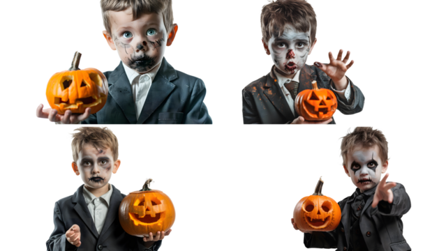 A little boy dressed in a suit, wearing zombie makeup on his face and holding out an orange pumpkin with a carved smiley face, isolated on a transparent background, detailed photo, png