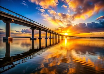 Fototapeta premium Aerial Silhouette: Calm Lagoon Bridge at Sunset