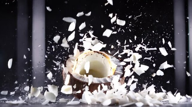 An artistic image of a split coconut shell with white shredded coconut falling down, perfect for food-related themes and tropical cuisine visuals.