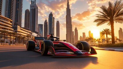 Formula race car on city street at sunset