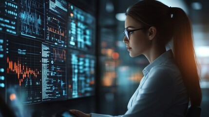 Focused young caucasian female analyzing data on high-tech screens