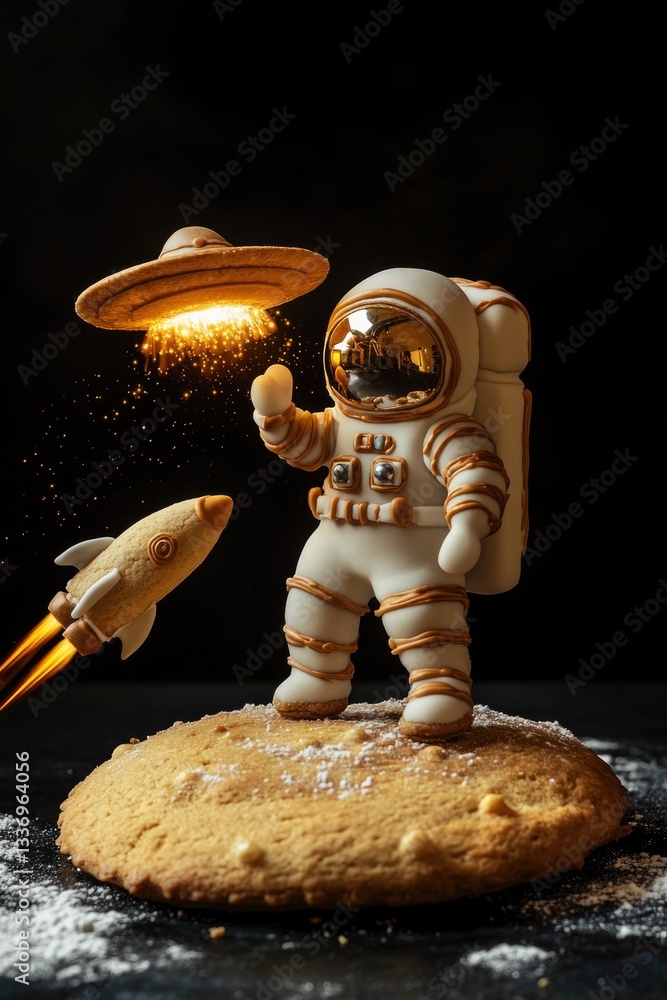 Poster An astronaut enjoying a snack while on a space mission, with a spaceship visible in the background