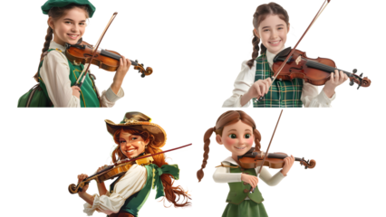 A smiling green girl with a violin in a band uniform isolated on transparent background, detailed photo, png 