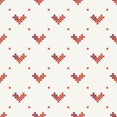 Obraz premium Colourful cute heart pixel seamless vector pattern. Pattern cross stitch with heart. Winter knitted checkered for Christmas theme for fabric, scarves, cards, scrapbooks, wrapping paper, and textiles