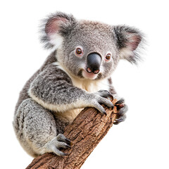 Obraz premium Portrait of a cute koala bear sitting on tree branch, isolated on transparent background.