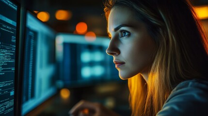 Focused caucasian young female programmer engaged in night coding session