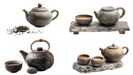 A stone pot of tea isolated on transparent background, detailed photo, png 