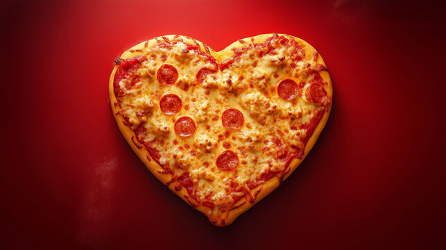 pizza with pepperoni, heart shaped pizza, cheese on white background, closeup