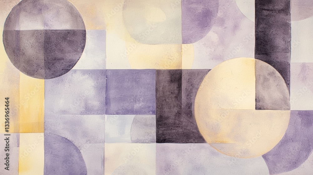 Poster this artwork features a series of overlapping geometric shapes in varying sizes and soft hues of pur