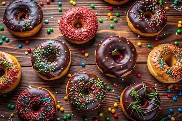 Fototapeta premium Aerial View of Festive Donuts with Chocolate Icing and Sprinkles