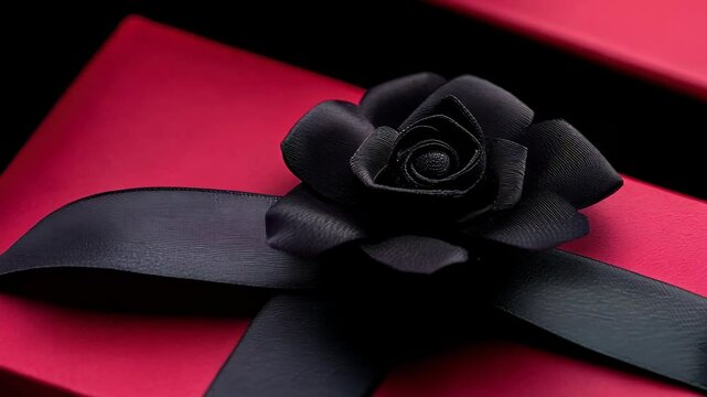 A stunning black rose adorns a red gift box, surrounded by vibrant red roses, showcasing elegance and romance, perfect for special occasions or celebrations.