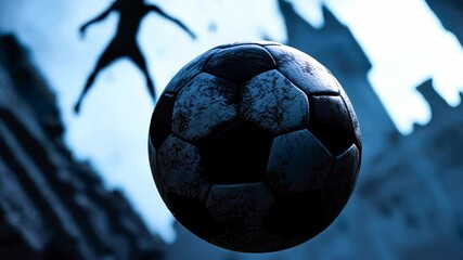 A striking image featuring a silhouette of a soccer player kicking a ball amidst an urban backdrop, capturing the essence of action and excitement in sports.