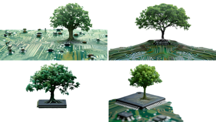 a tree grows from a printed circuit board isolated on transparent background, detailed photo, png 