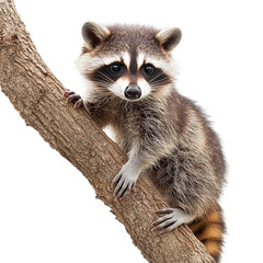 Fototapeta premium Raccoon sitting on a tree branch isolated on transparent background.