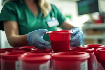 Female nurse handling red sample containers in medical lab