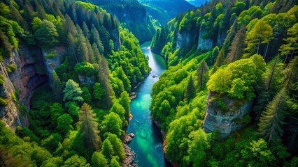Aerial View of Lush Evergreen Forest River Basin, High Cliffs, Top Down
