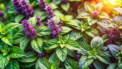 Aerial View of Lush Green and Violet Basil Blossoms in a Vibrant Herb Garden