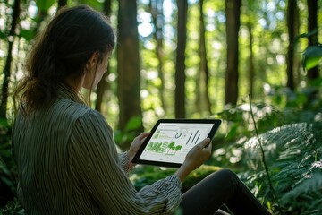Young caucasian female analyzing environmental data on tablet in forest setting