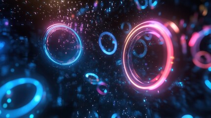 Neon Rings Abstract Background: Futuristic Cyberpunk Digital Art