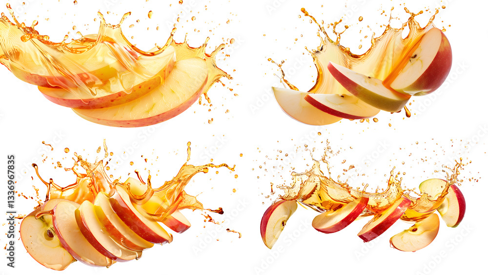 Poster apple slices and juice splash in the shape of an oval isolated on a transparent background, detailed