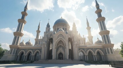 A Large Ornate Mosque Building Stands Under a Bright Sunny Sky