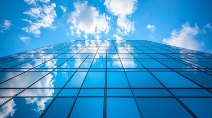 High above, the towering skyscraper reflects fluffy clouds in its sleek glass facade. The bright blue sky creates a mesmerizing visual, enhancing the urban landscape with its beauty