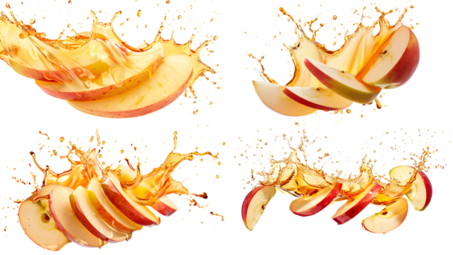 Apple slices and juice splash in the shape of an oval isolated on a transparent background, detailed photo, png 