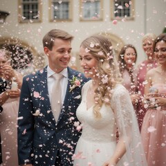 a bride and groom are surrounded by confetti