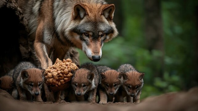 Grey wolf mother with pups in forest den