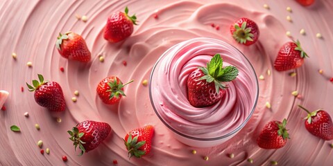 Fototapeta premium Aerial View Strawberry Milkshake Texture: Swirling Pink Cream Delight