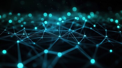 Glowing network nodes in blue and green, symbolizing digital security and interconnected technology.