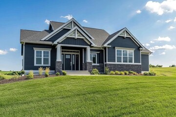 Stunning dark-gray home with manicured lawn under a vibrant blue sky
