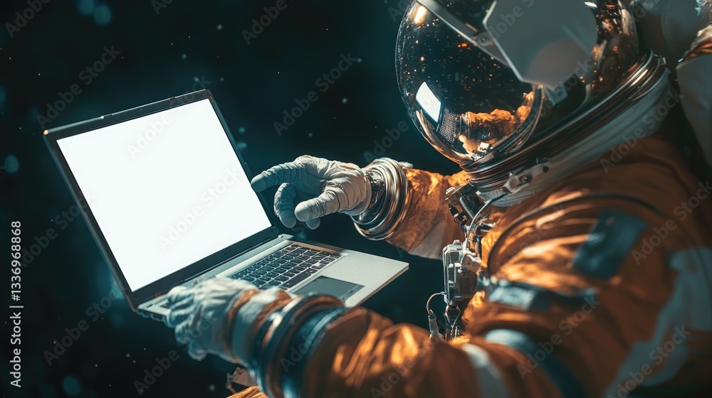 Aufkleber An astronaut in a spacesuit working on a laptop computer in space