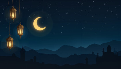 Naklejka premium Golden crescent moon and lanterns in starry night sky, Eid al-Fitr celebration