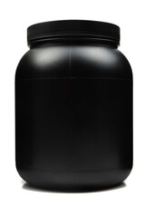 Black whey container isolated on white background. Blank mockup plastic package