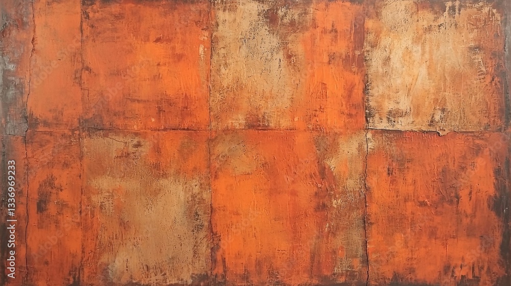 Poster this artwork features a series of bold orange and brown squares arranged in a grid. the textured sur