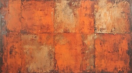 This artwork features a series of bold orange and brown squares arranged in a grid. The textured surface adds depth, inviting viewers to explore its dynamic visual layers