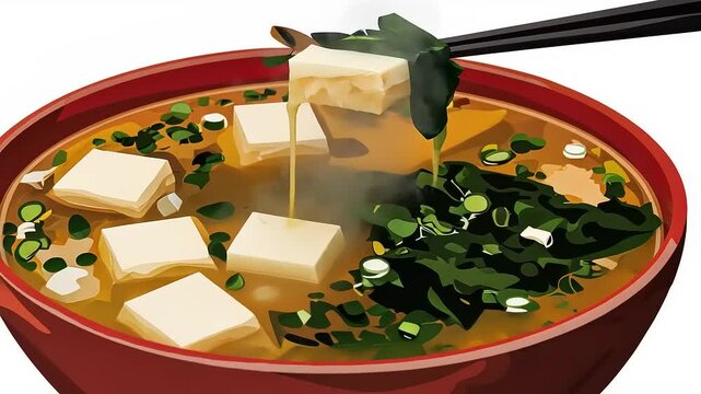 A vibrant illustration depicts a bowl of Japanese miso soup with tofu and seaweed.