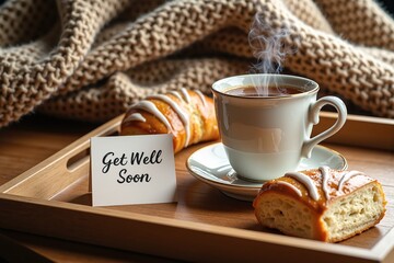 get well soon card with coffee and croissants