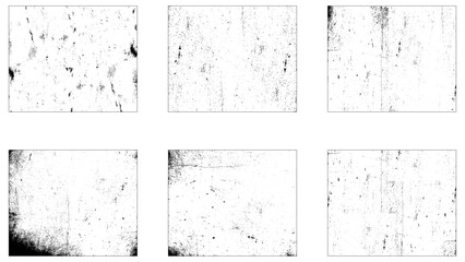 Grunge overlay textures with dust grain isolated on white background. Set of vector paint brush stroke, ink splash and grungy decoration elements for social media. Distressed vintage banner frame.
