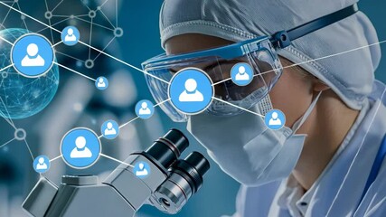 Scientist using microscope with digital network and data connection overlay. 4K video - Powered by Adobe