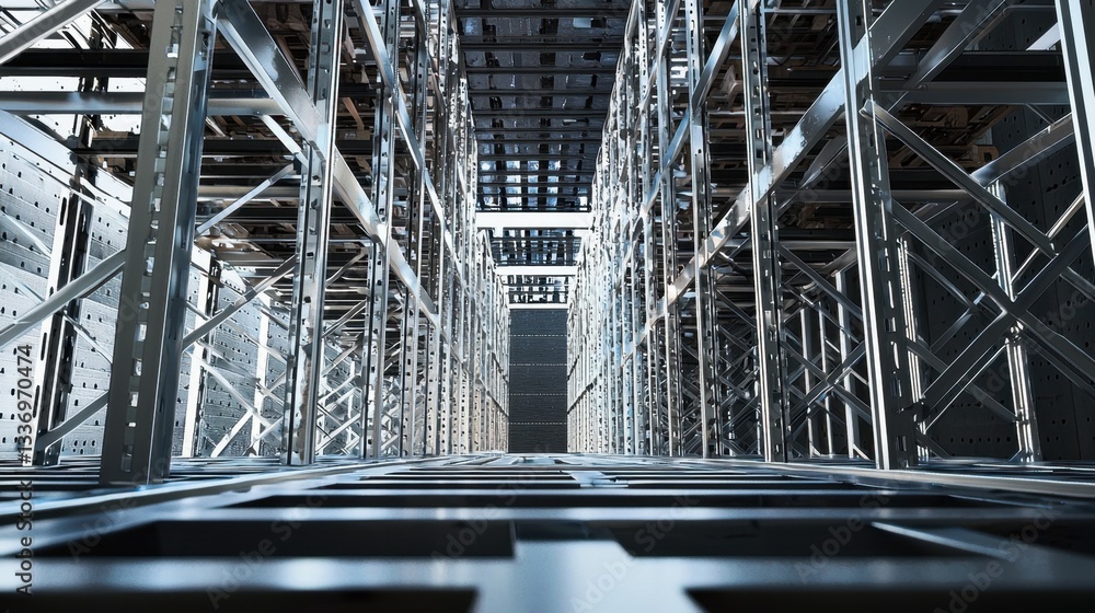 Poster a view looking upward through metal storage racks in a contemporary warehouse. the geometric pattern