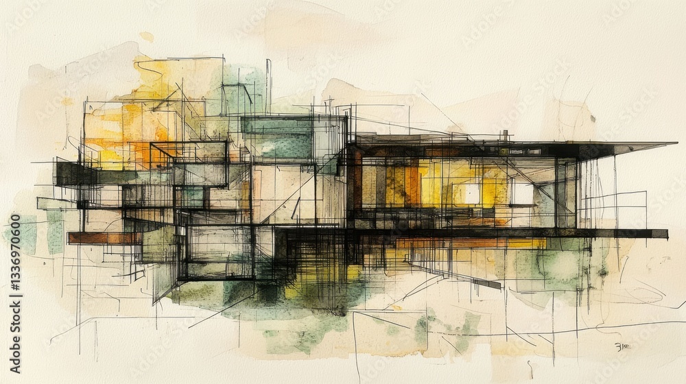 Poster an intricate composition captures the essence of modern architecture through intersecting lines and 