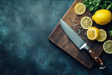 Professional cutting board with fresh vegetables and a chefs knife Generative AI