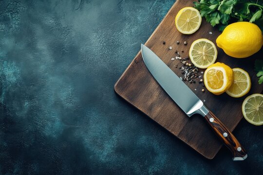 Professional cutting board with fresh vegetables and a chefs knife Generative AI