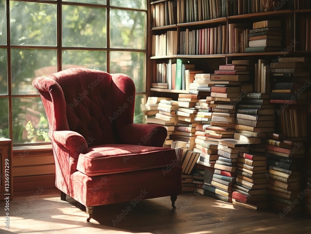 Aufkleber A red chair sits in front of a window filled with books, perfect for reading and studying