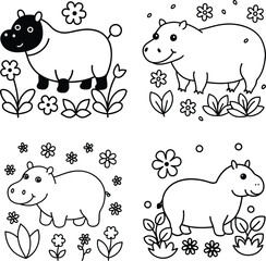 Cute vector illustration set of wild and zoo animals including hippo and more line art coloring page