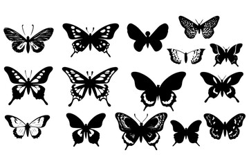 butterfly set, silhouettes, black and white illustration.